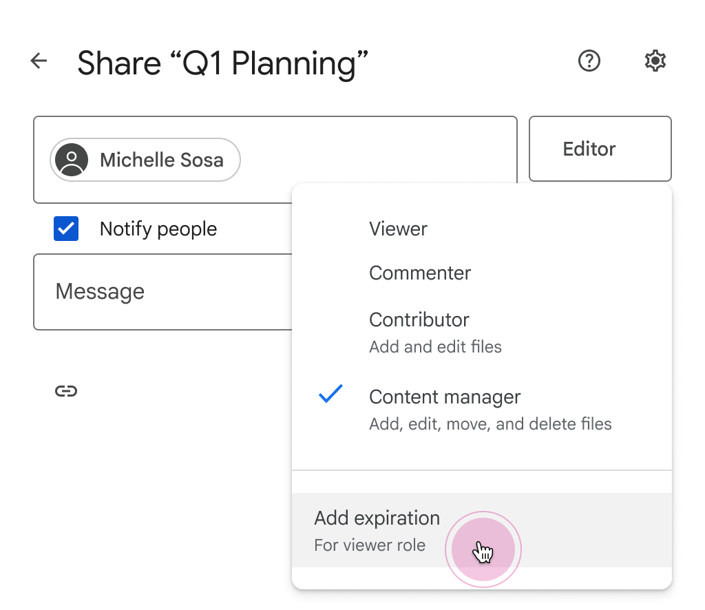 aggiungere scadenza per ruolo Visualizzatore durante condivisione cartelle in Drive condivisi
